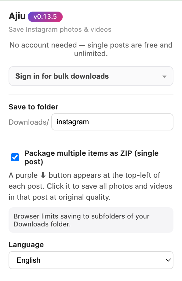 The Ajiu extension popup showing folder, ZIP, and language settings